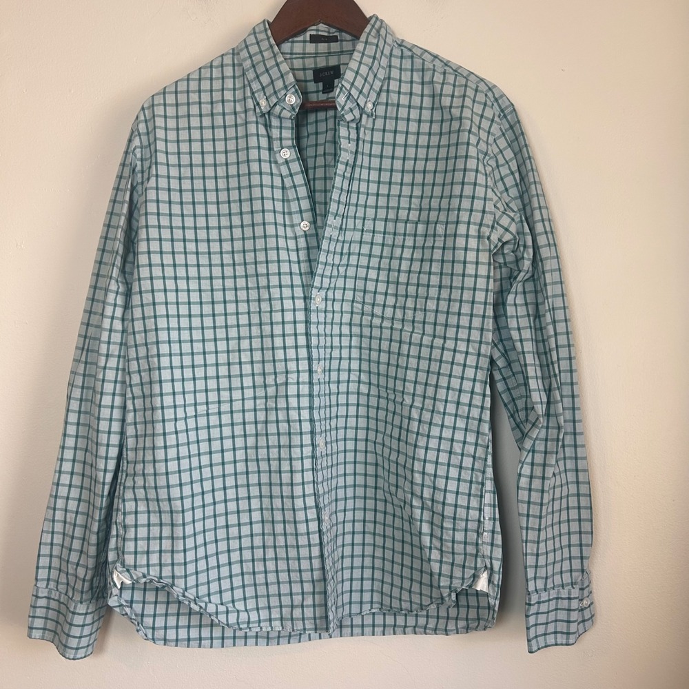 J.Crew Button Down Shirt Mens L Green White Slim Fit Windowpane Check‎ Cotton